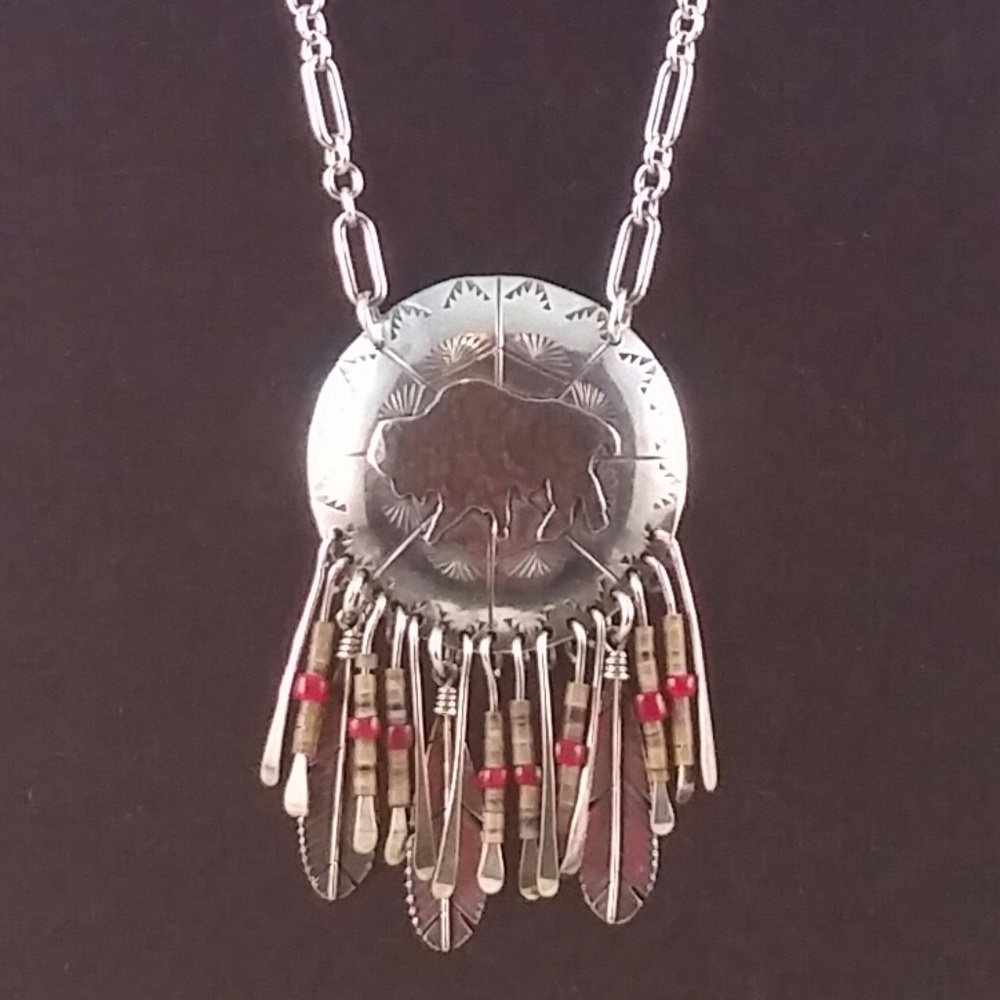 Vintage Sterling Silver Buffalo Shield Necklace